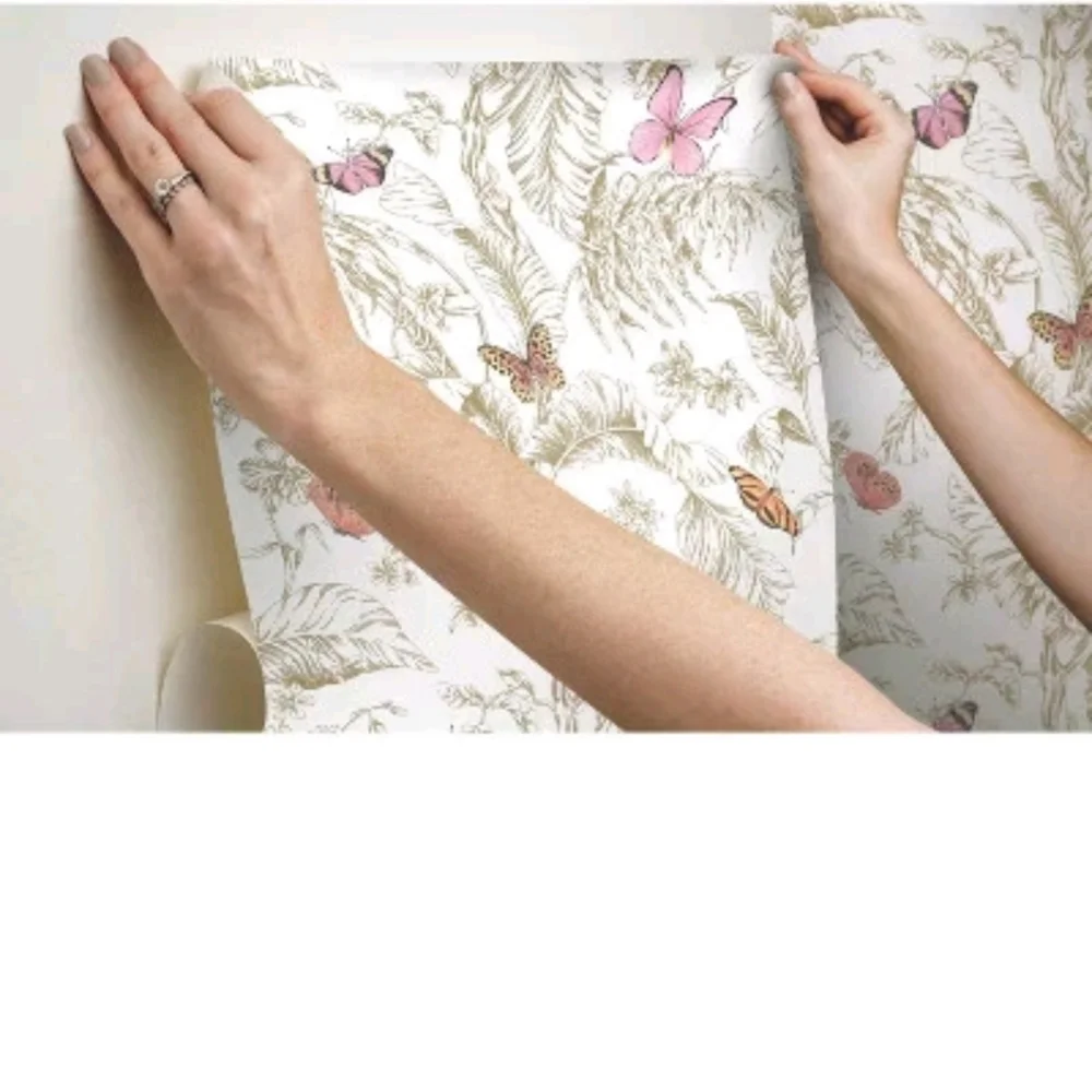 RoomMates - Butterfly Sketch Peel and Stick Wallpaper Pink/Gold